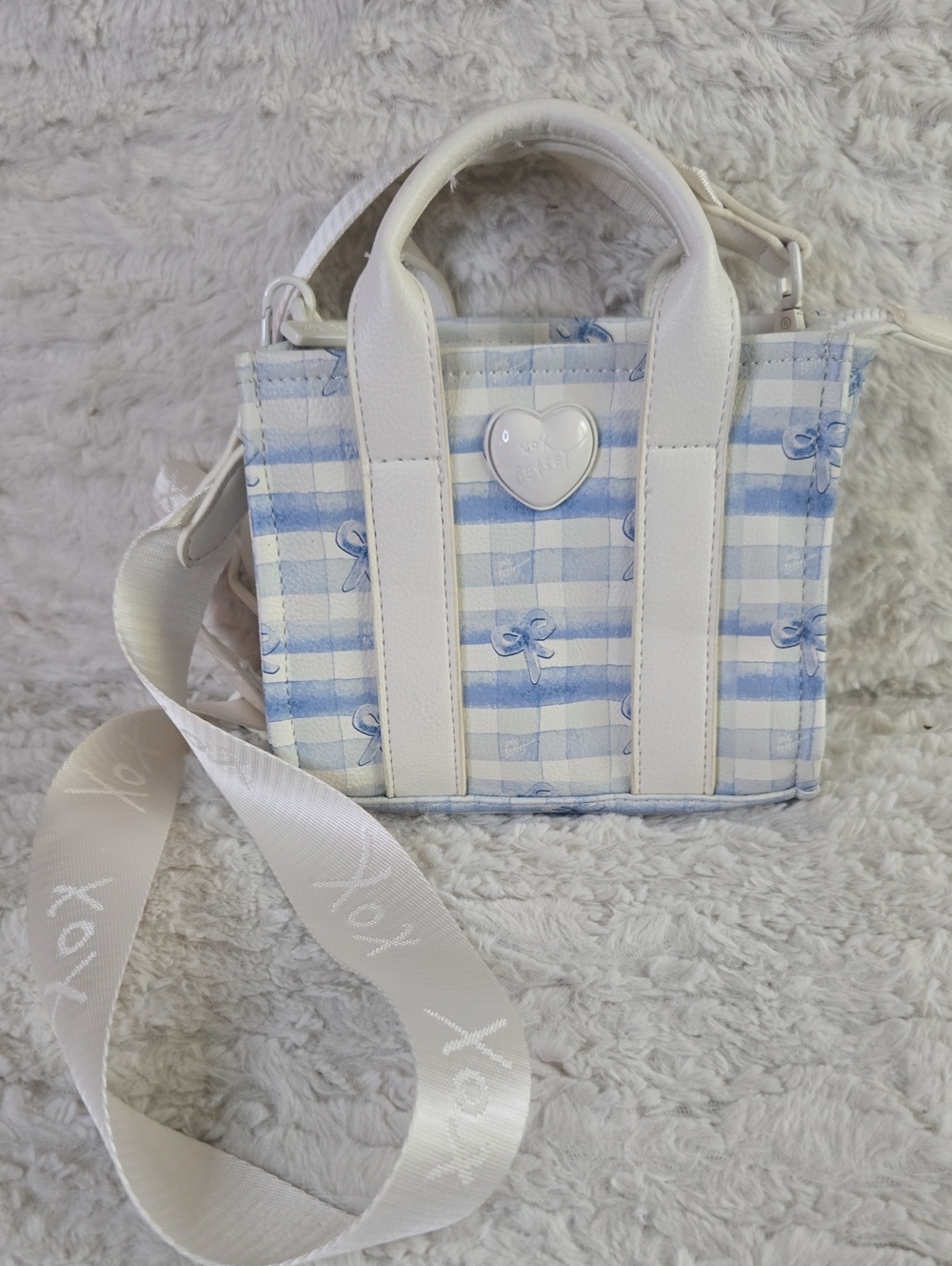 Betsey Johnson White and Light Blue Plaid Mini Tote with Heart Accent